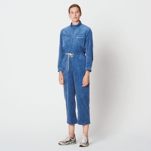 Sandro Corduroy Women's Boiler Suit Light Blue Zip Up Cropped Jumpsuit Size 4 - Picture 1 of 15